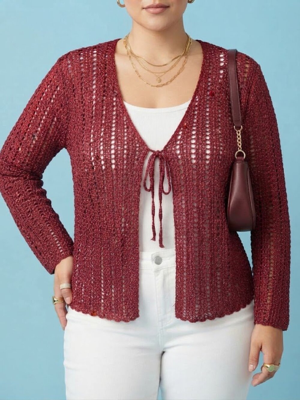 Burgundy Open Crochet Tie-Front Cardigan